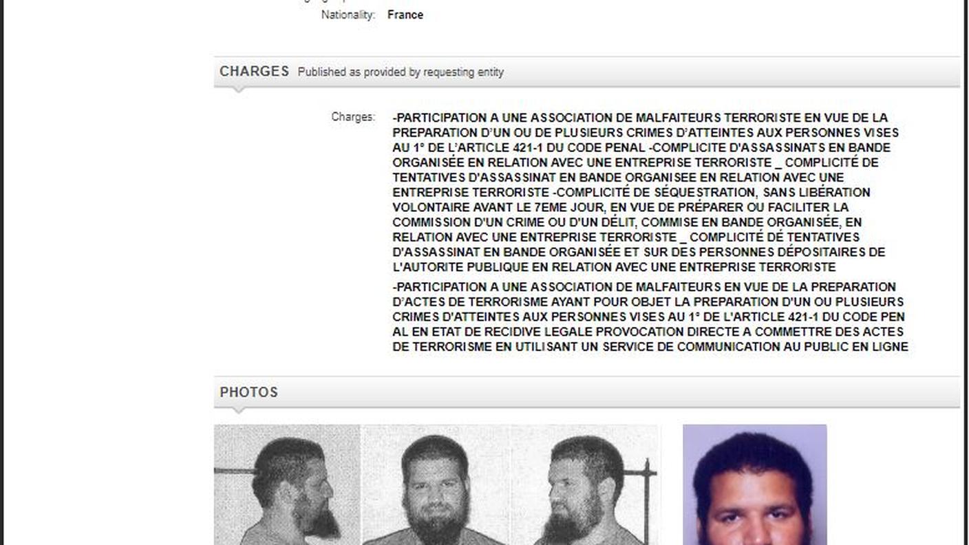 La scheda di Fabien Clain tra quelle di quasi 100 ricercati a livello internazionale pubblicate dall'Interpol