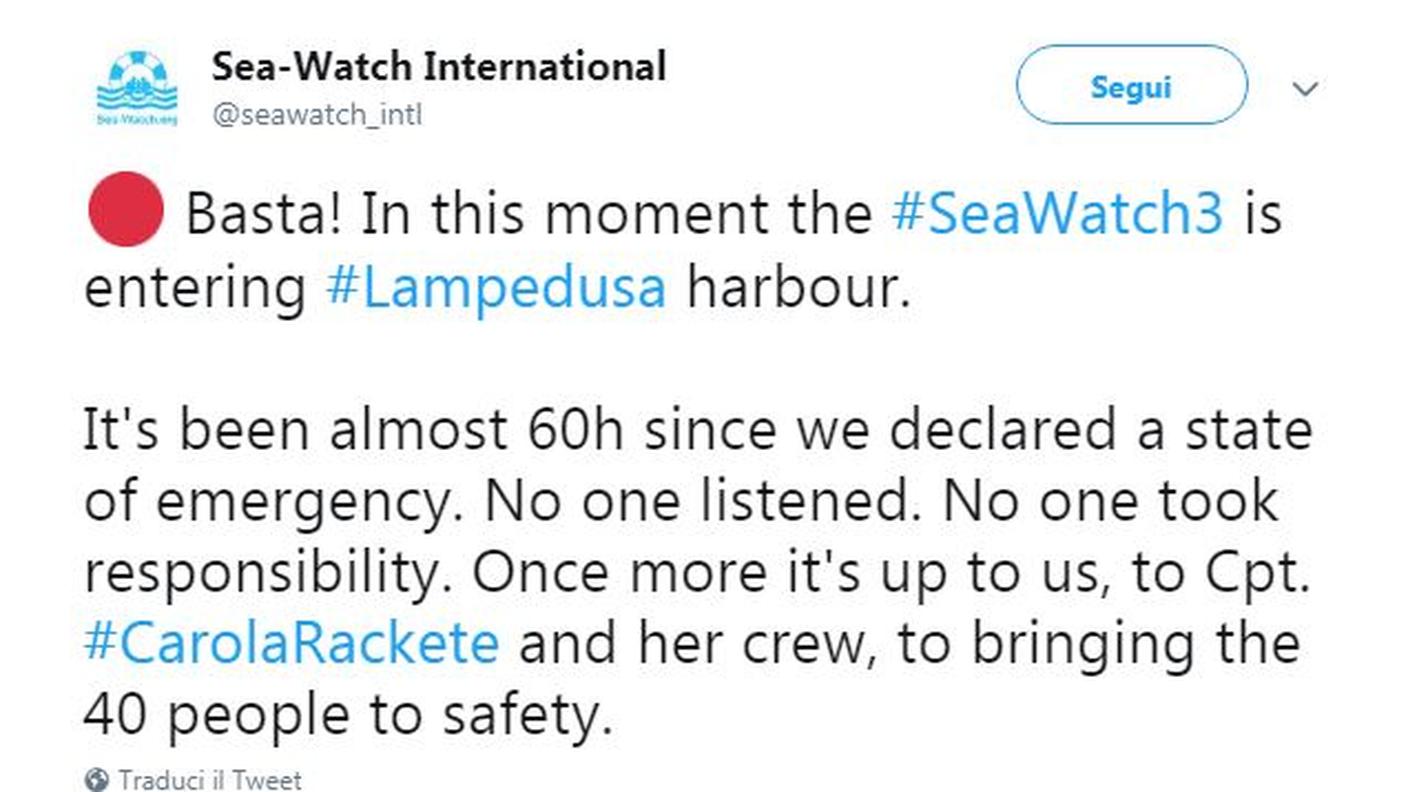 Il Tweet di Sea Watch