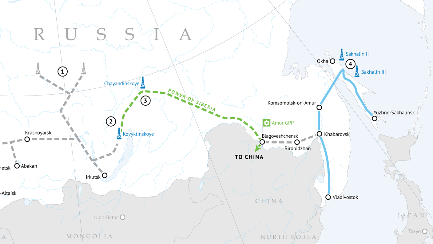 In verde il tracciato delle condotte della Forza della Siberia