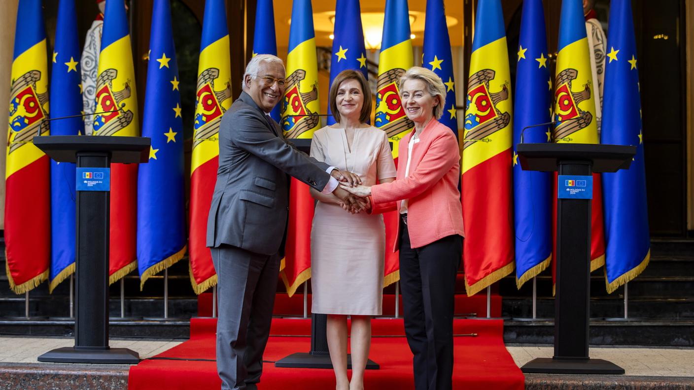 Da sinistra: Antonio Costa, Maia Sandu e Ursula von der Leyen