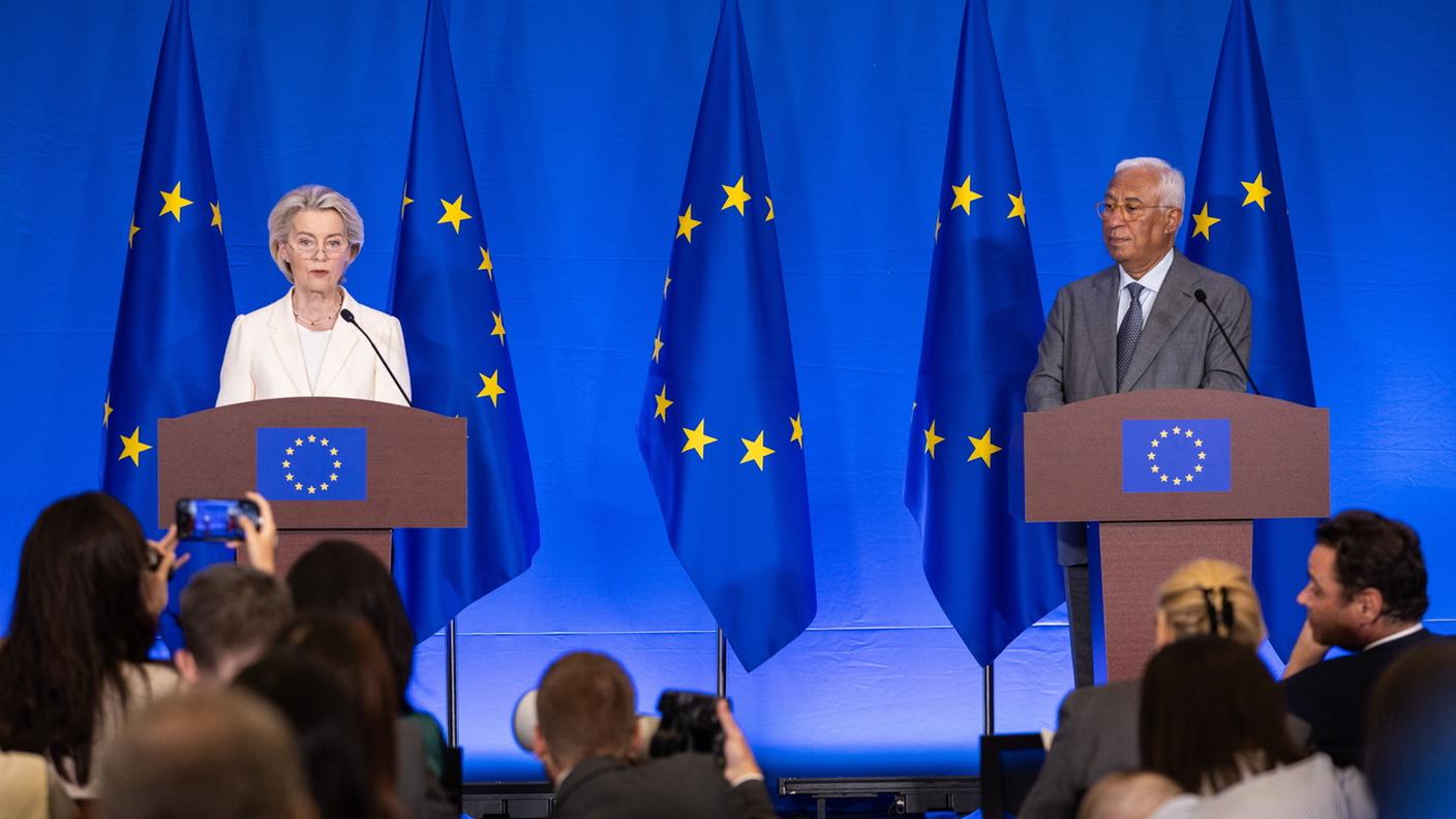 Ursula von der Leyen e Antonio Costa durante la conferenza stampa