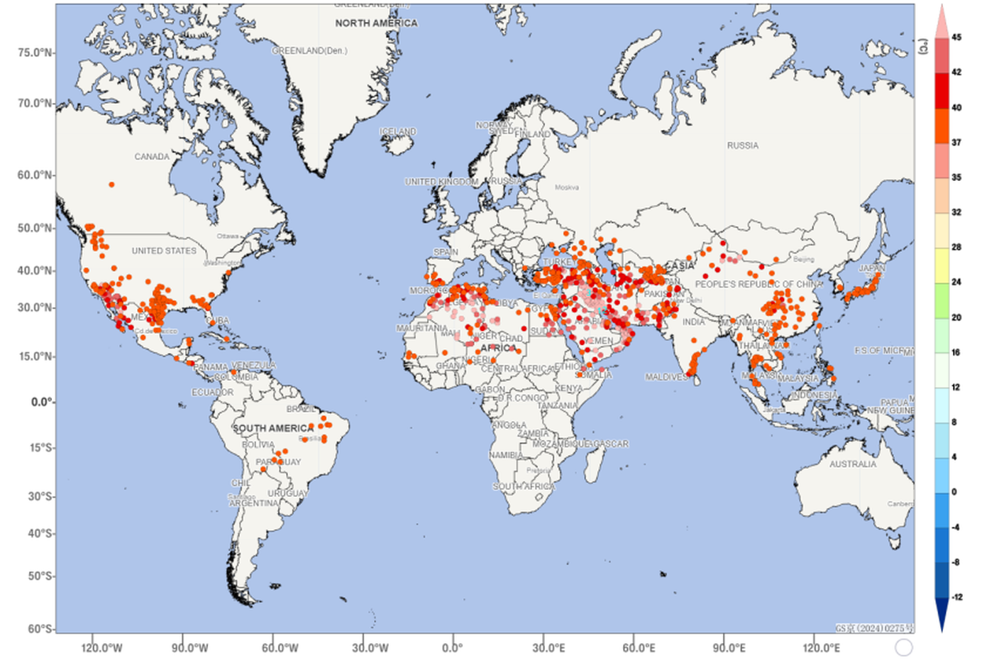 Temperature massime osservate dal 28 luglio al 4 agosto 2025 (i punti indicano temperature massime ≥ 38°C) [OMM - Amministrazione meteorologica cinese]