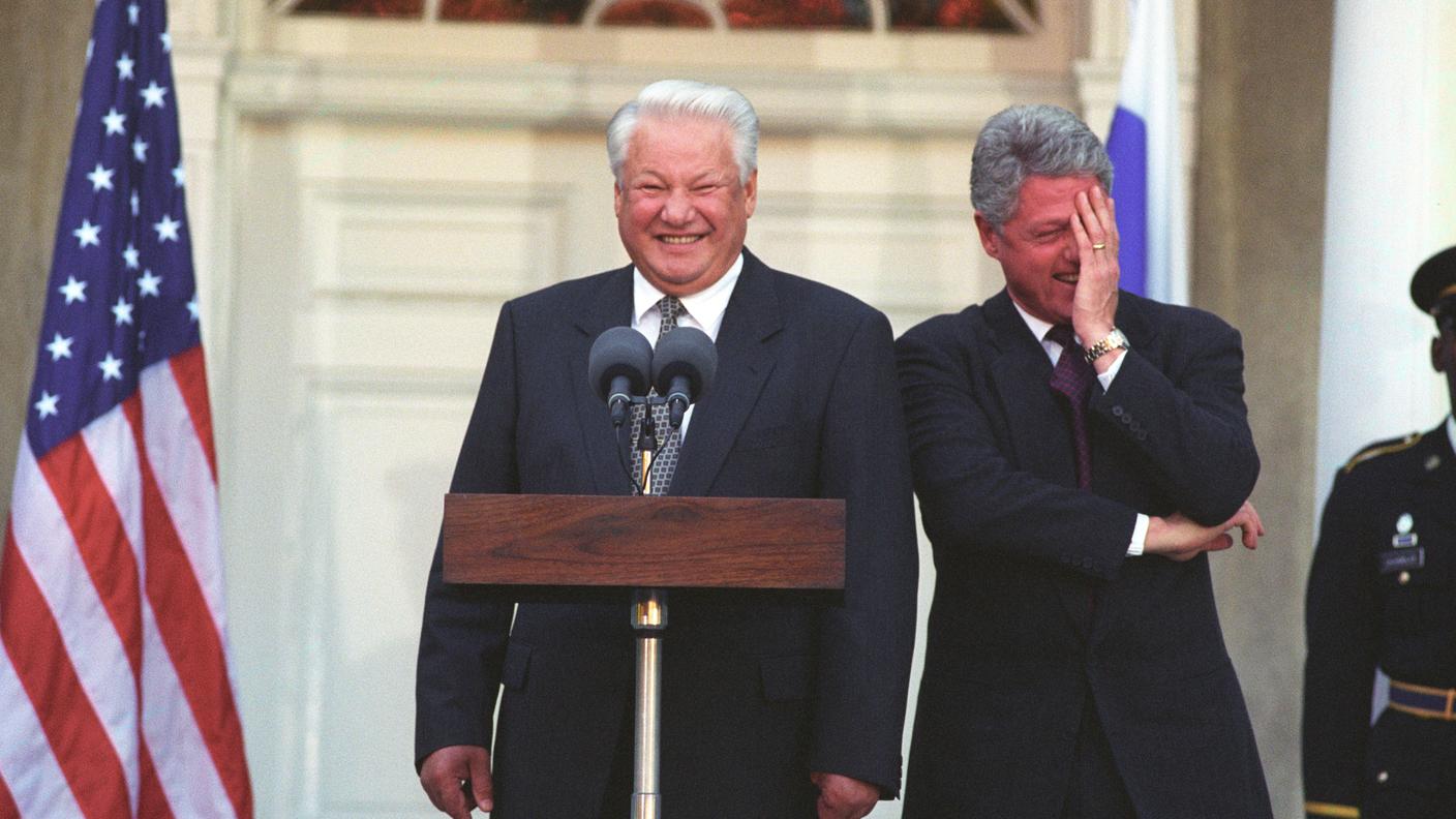 Boris Eltsin e Bill Clinton durante una conferenza stampa il 23 ottobre 1995