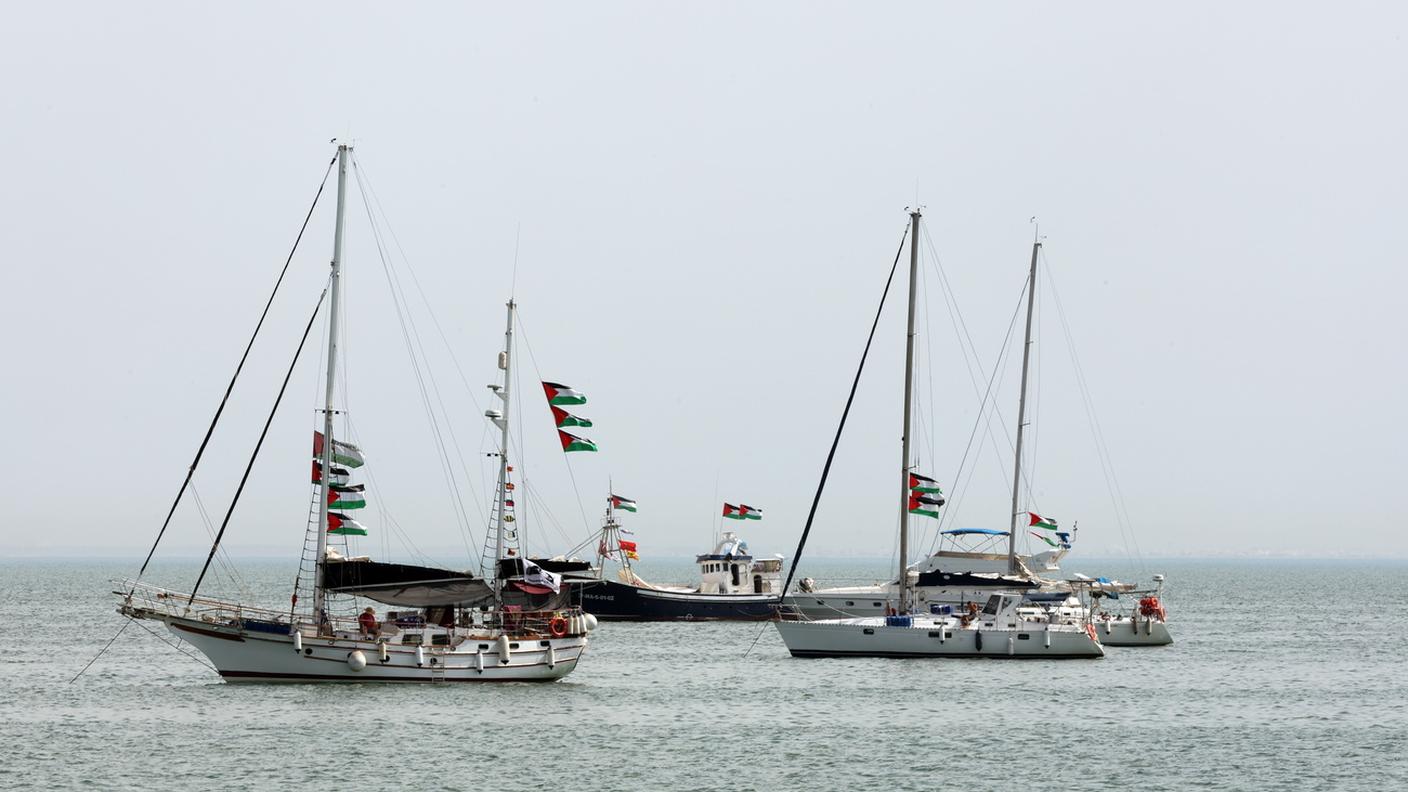 Alcune imbarcazioni della Global Sumud Flotilla in una fotografia di inizio settembre al largo della Tunisia