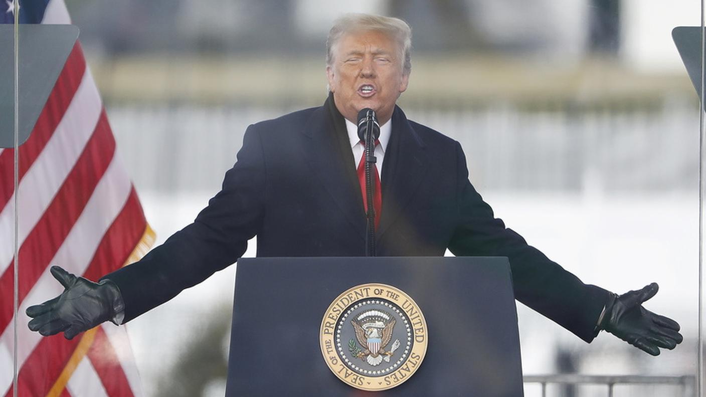Trump durante il suo discorso ai sostenitori, prima dell'assalto al Campidoglio