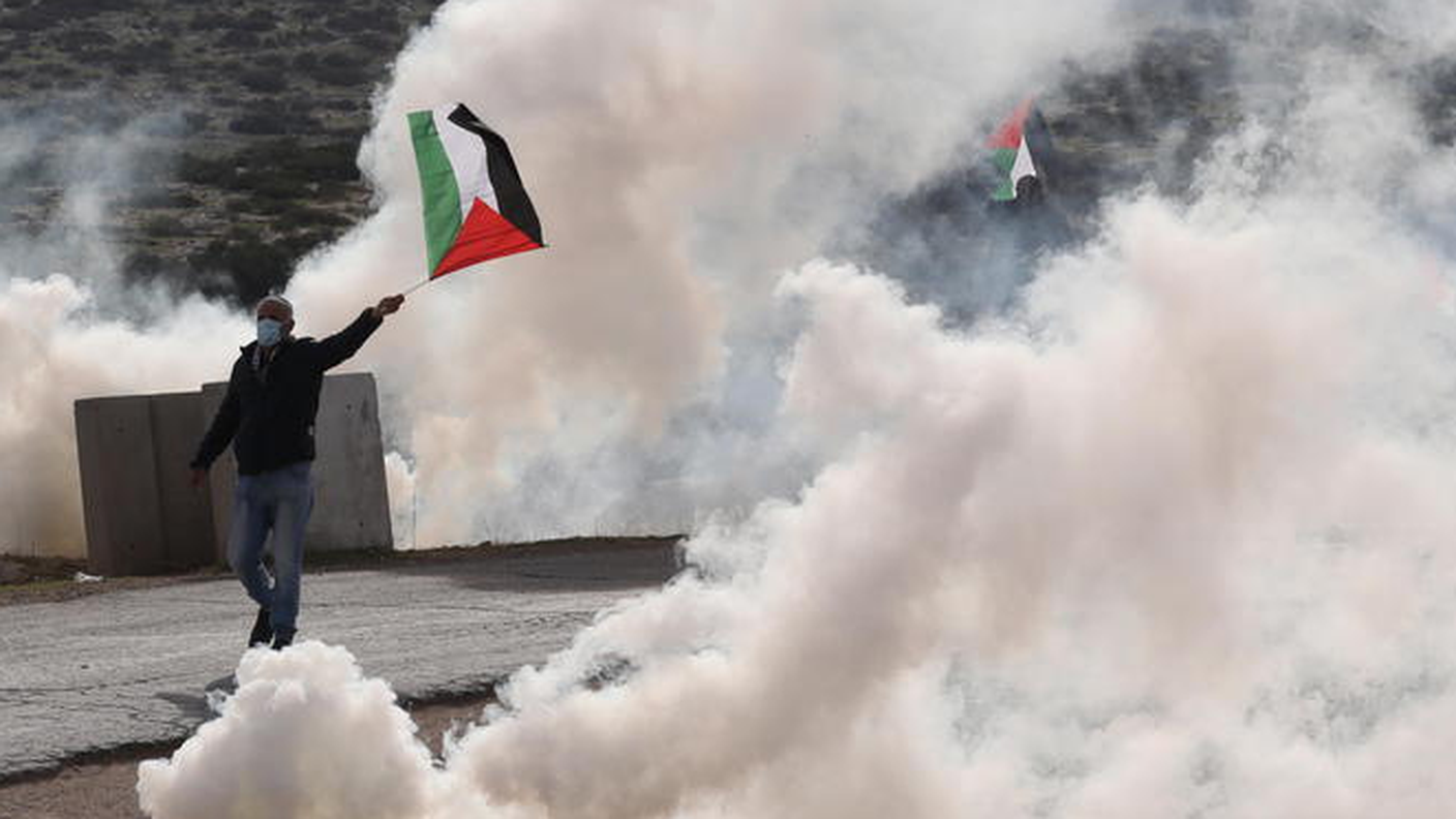 Un manifestante con una bandiera palestinese. Foto d'archivio