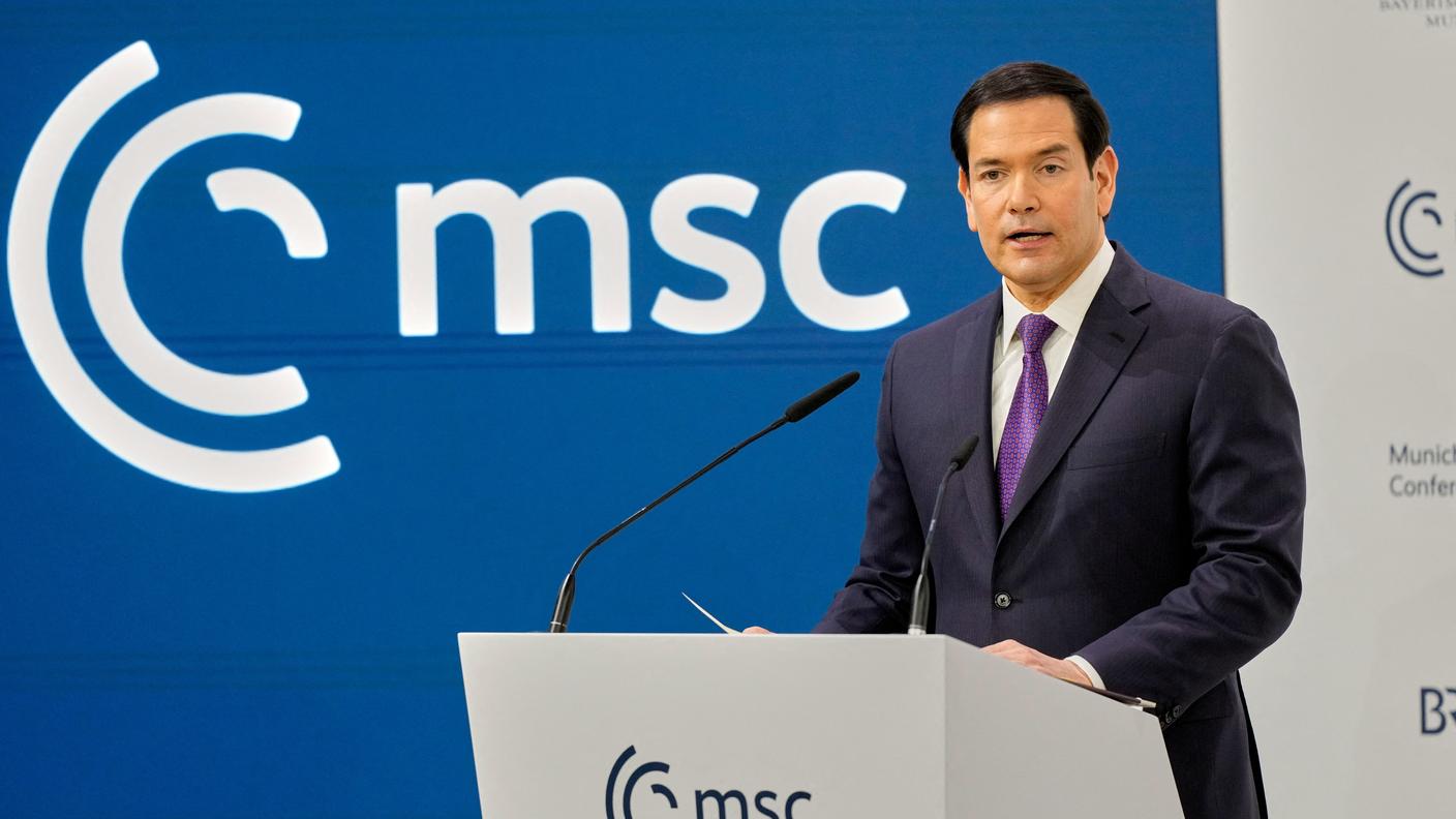 Il segretario di Stato americano Marco Rubio nel suo intervento alla Conferenza sulla sicurezza di Monaco