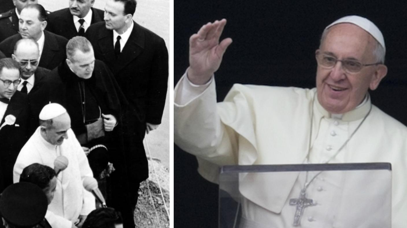 Paolo VI durante la storica visita nel 1964 e Papa Francesco -