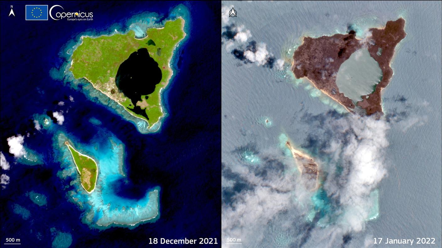 L'isola di Nomuka prima e dopo nelle immagini messe a disposizione dal sistema europeo Copernicus