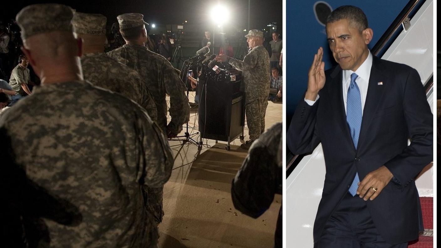 Conferenza stampa dopo la tragedia nella base militare texana. Il presidente Obama mentre si informa sugli avvenimenti scendendo dall'Air Force One