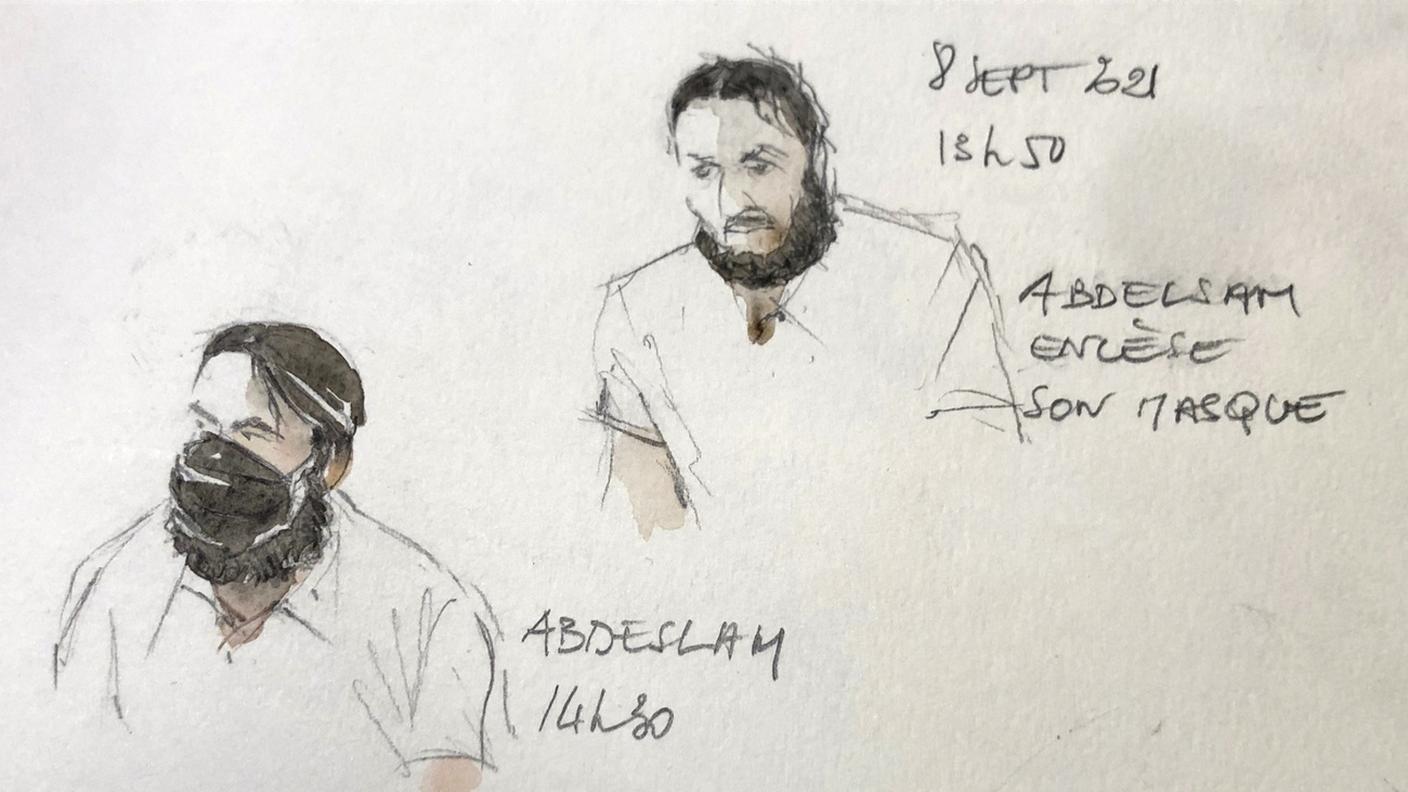 Un'illustrazione di Salah Abdeslam durante il processo