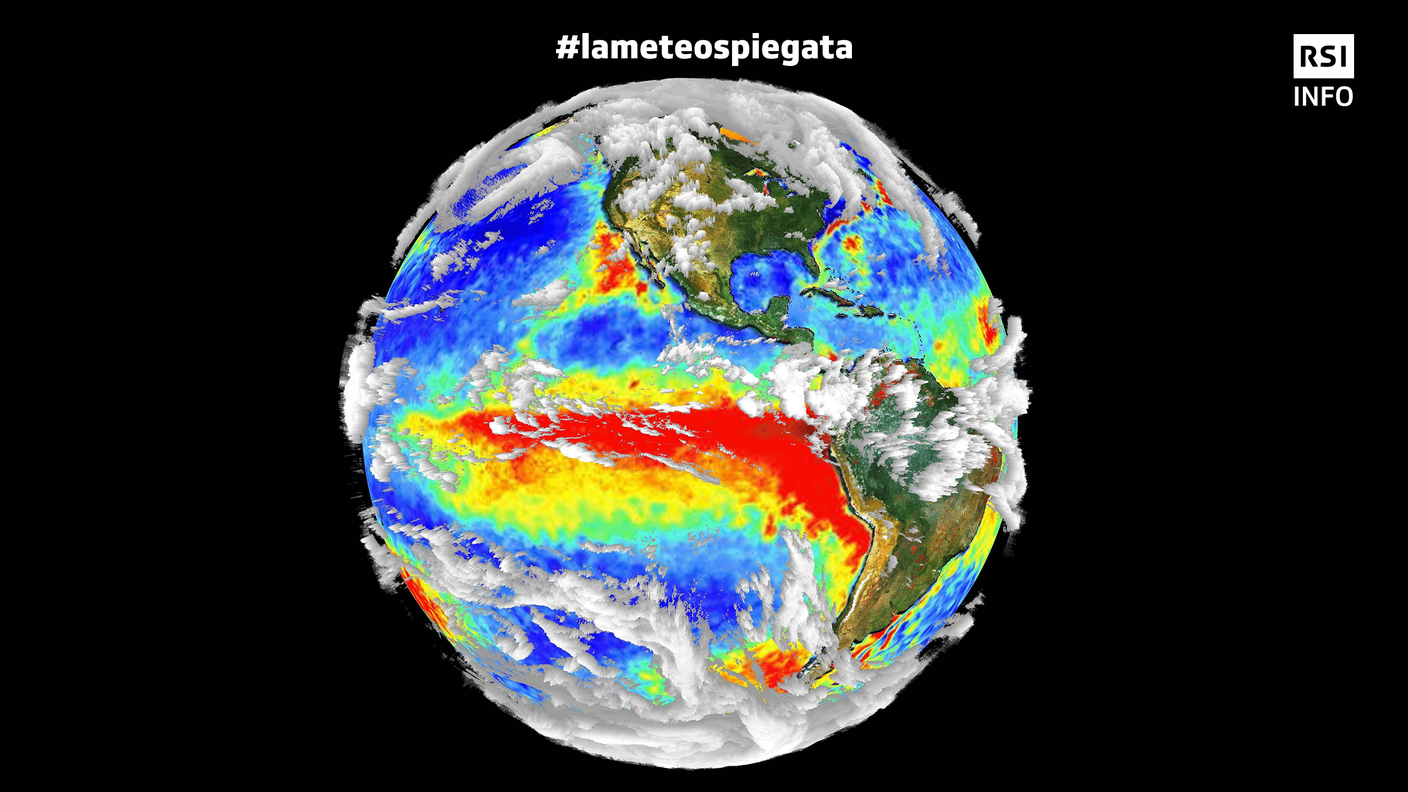 Una rappresentazione in 3D di una fase di riscaldamento del Pacifico durante El Niño