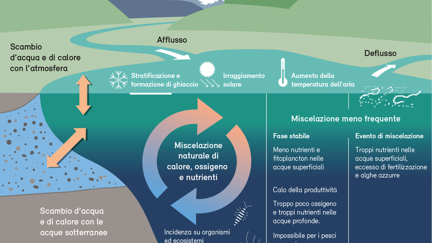Particolarmente rilevanti per gli ecosistemi lacustri sono i cambiamenti nella capacità di miscelazione, ovvero quando un lago si miscela meno frequentemente, meno in profondità o smette del tutto di miscelarsi