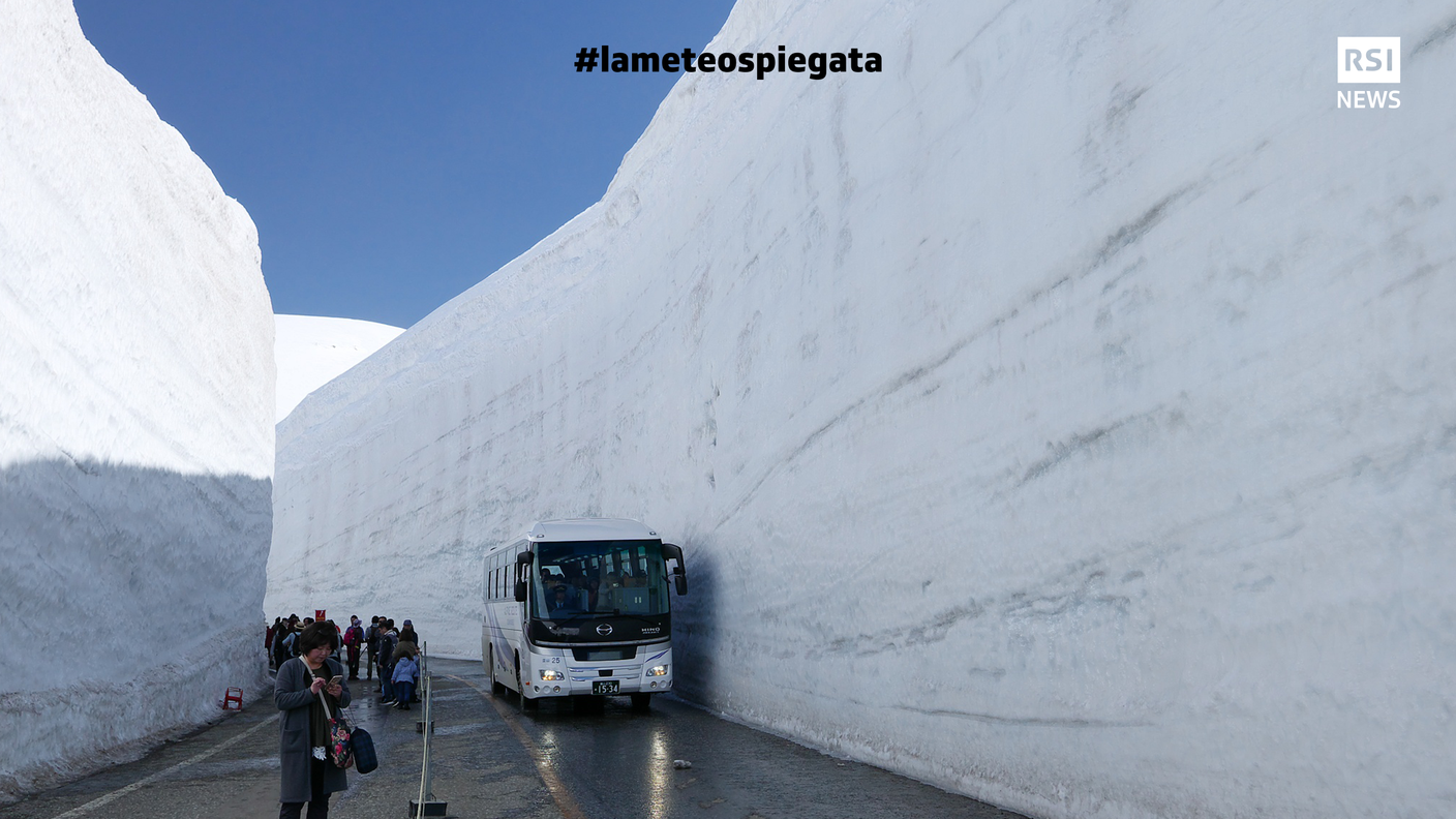 La famosa Tateyama Kurobe Alpine Route in Giappone, dove nevica davvero molto e ogni anno i turisti vanno a gustarsi gli impressionanti muri di neve