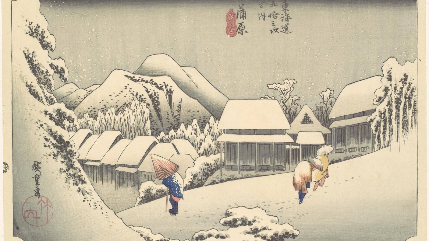 Neve serale a Kanbara, dalla serie Cinquantatré stazioni del Tokaido, illustrazione giapponese del 1833-34 circa - Utagawa Hiroshige 