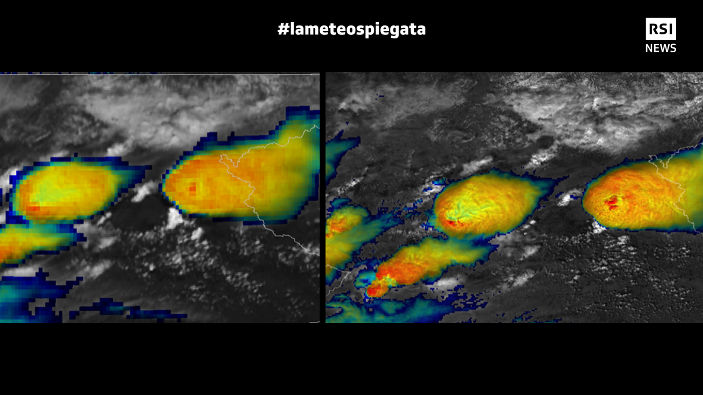 A sinistra l’immagine di nuvole temporalesche come sono viste oggi con i satelliti di seconda generazione, a destra il miglioramento atteso con la terza generazione