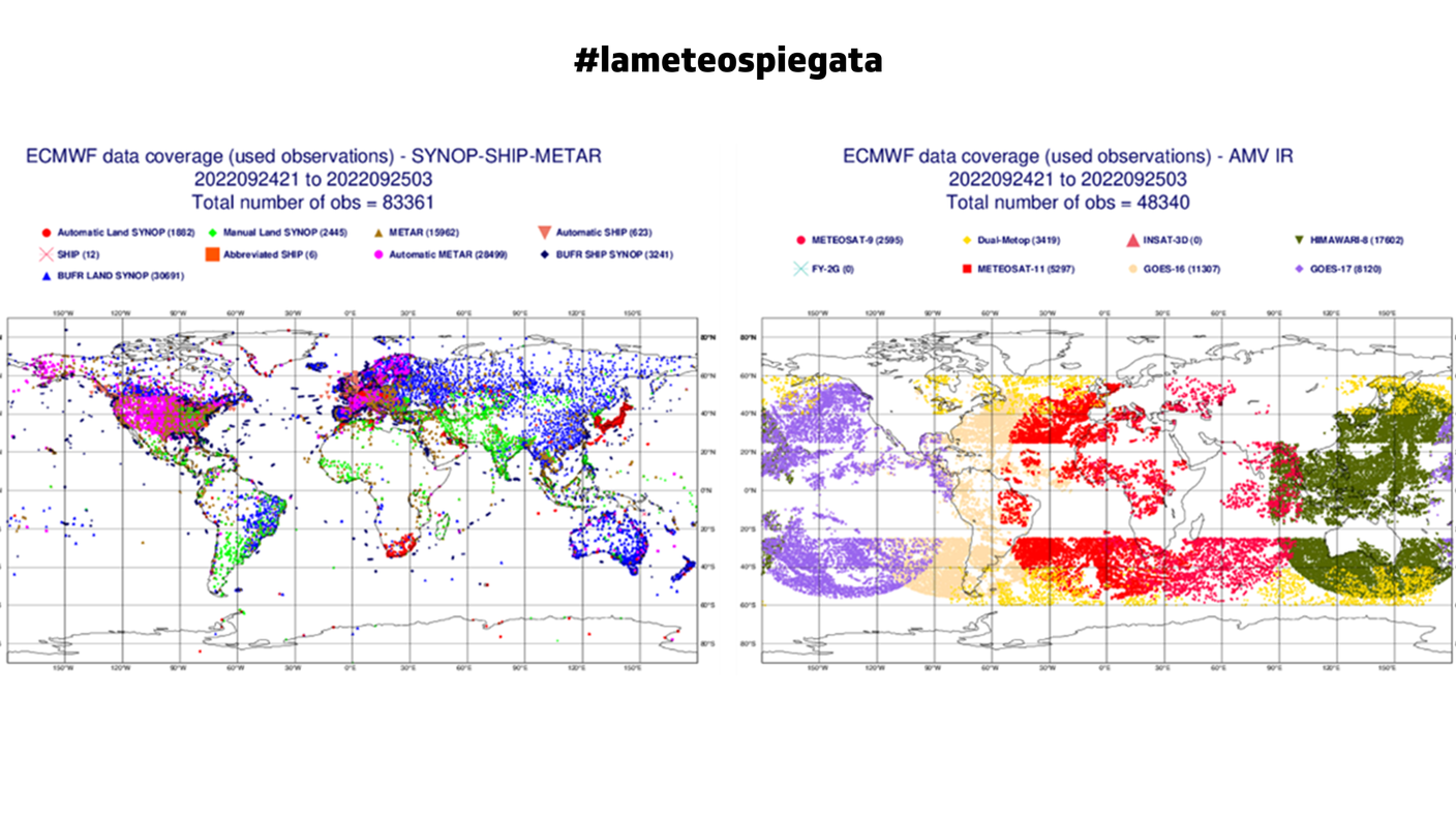 La distribuzione delle fonti di dati utilizzati per “dare il via” ai calcoli dei supercomputer il 25 settembre 2022. A sinistra le stazioni al suolo, a destra i dati dai satelliti geostazionari. Questi ultimi forniscono dati essenziali da regioni poco coperte dalle stazioni al suolo