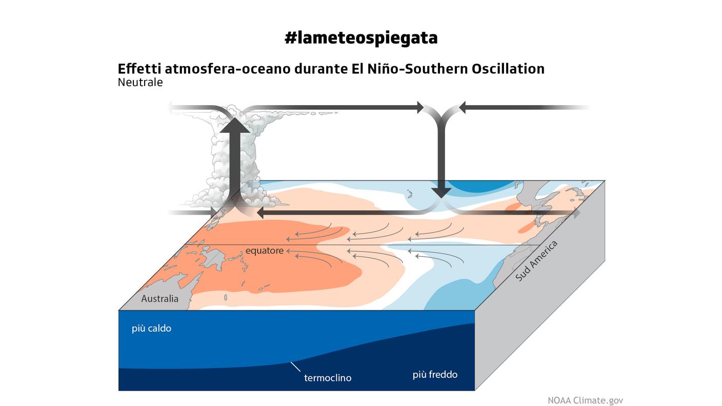 Le condizioni atmosfera-oceano durante la fase neutra (circolazione di Walker), con il fenomeno di Upwelling verso le coste del Sudamerica