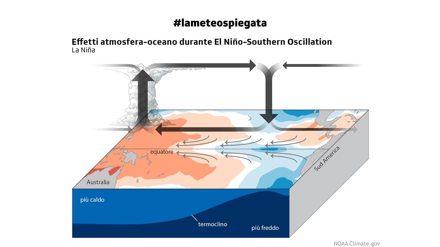 Le condizioni atmosfera-oceano durante la fase di La Niña , con il fenomeno di Upwelling verso le coste del Sudamerica ancora più accentuato