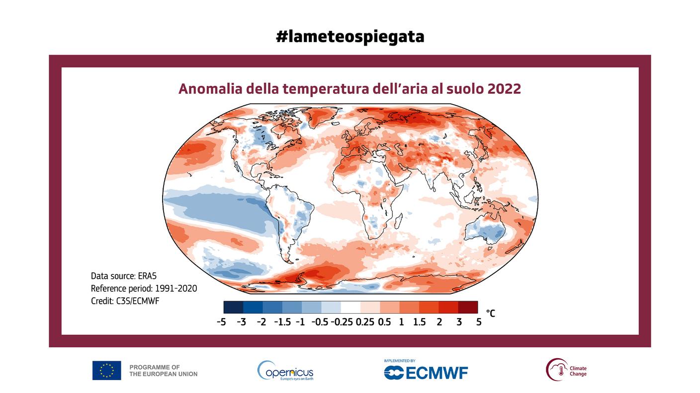Anomalia della temperatura dell'aria al suolo nel 2022, rispetto alla media 1991-2020, dove si vede bene l'effetto raffreddante de La Niña al largo delle coste sudamericane