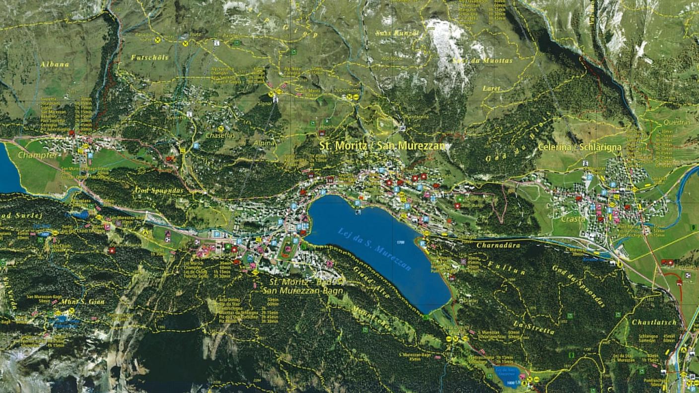 Una mappa digitale di St. Moritz, che integra immagini aeree con elementi topografici, realizzata da Endoxon nel 2001