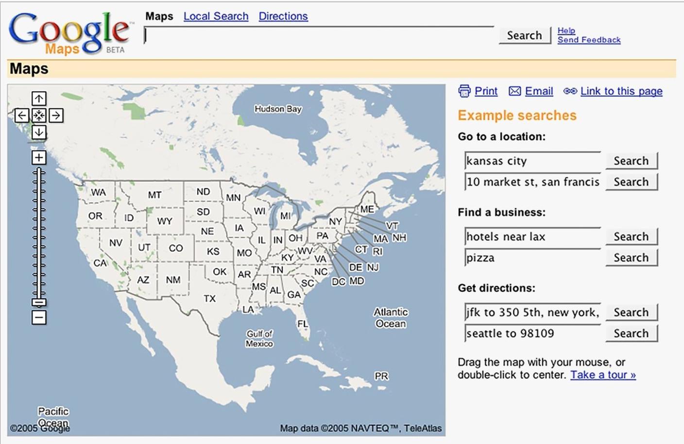 La versione beta di Google Maps quando il servizio fu lanciato nel 2005