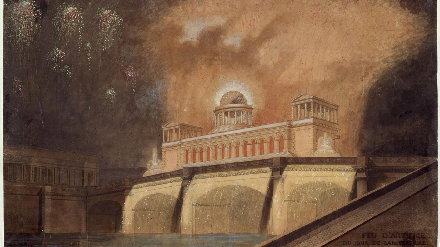Rappresentazione dei fuochi d'artificio della famiglia Ruggieri per le celbrazioni del 15 agosto 1806 a Parigi. Dipinto attribuito a Francesco Piranesi