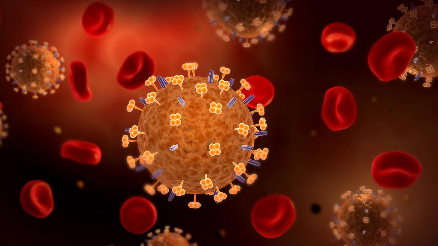 Illustrazione artistica del virus dell'influenza nel sangue