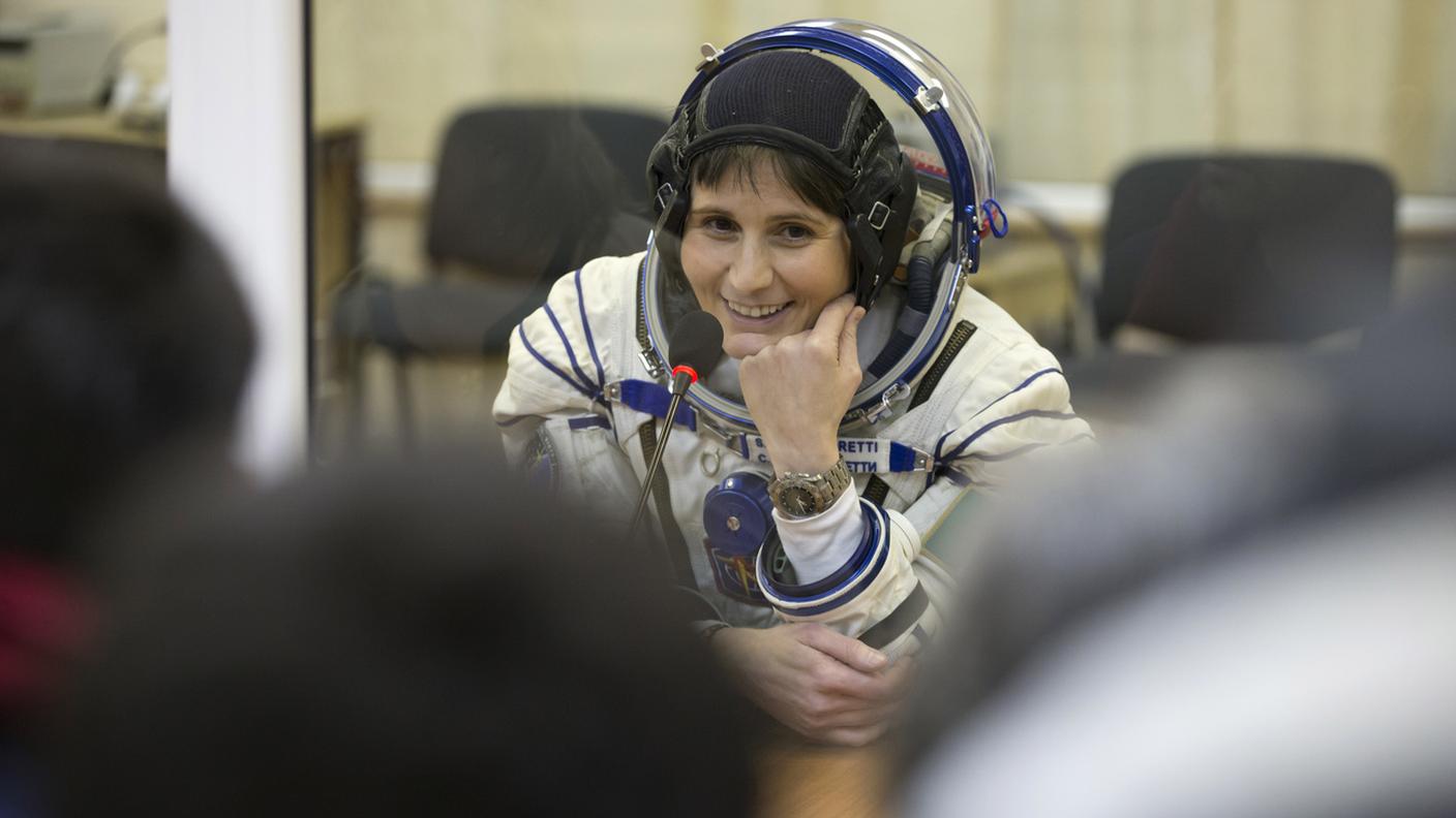 Samantha Cristoforetti, nel 2014, prima del decollo verso la Stazione spaziale internazionale