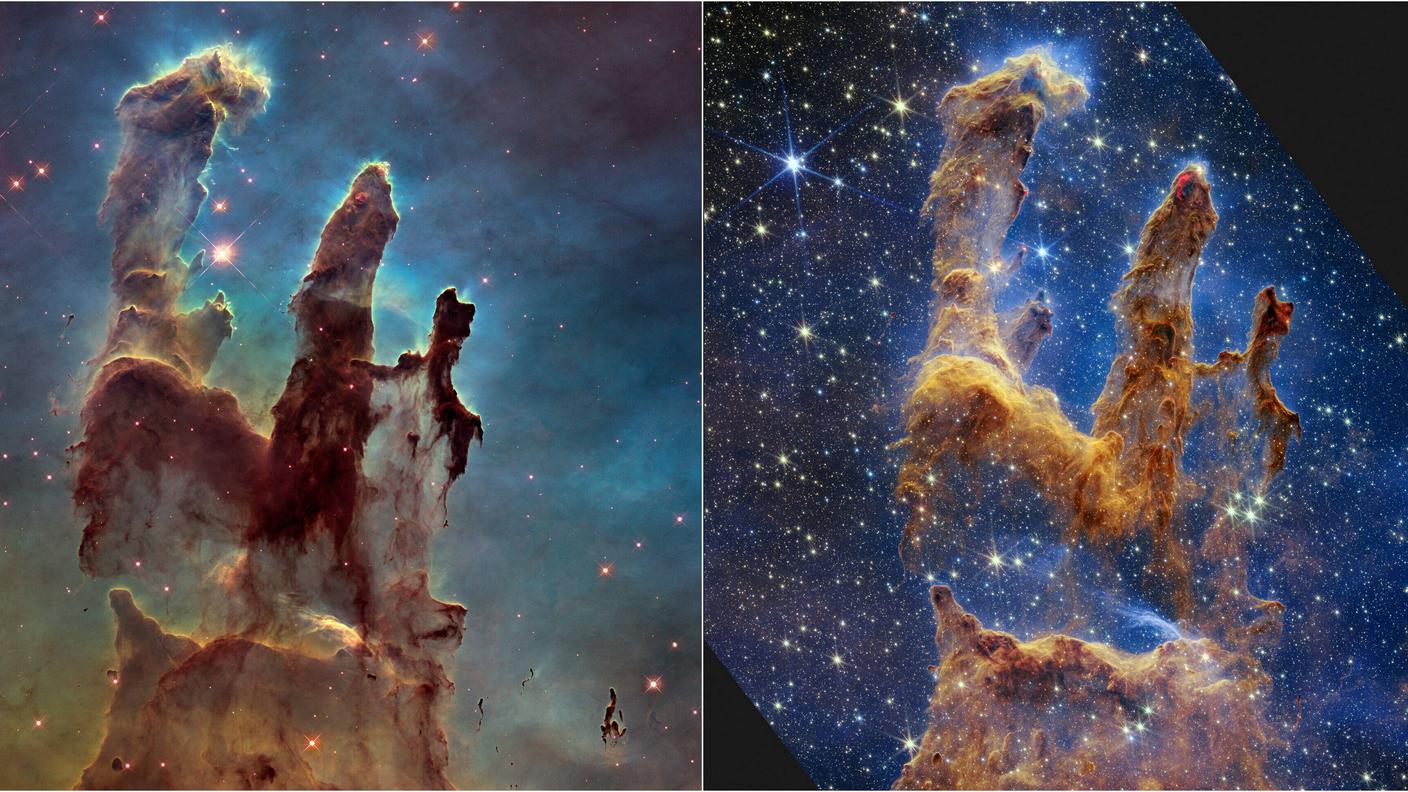 I "pilastri della creazione", a sinistra l'immagine scattata da Hubble e a destra quella di Webb