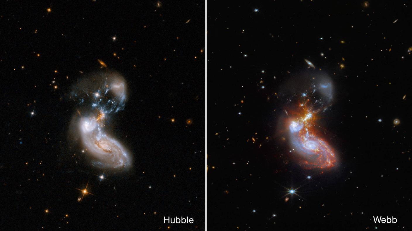 La collisione tra due galassie nella costellazione del Delfino immortalata da Hubble e Webb