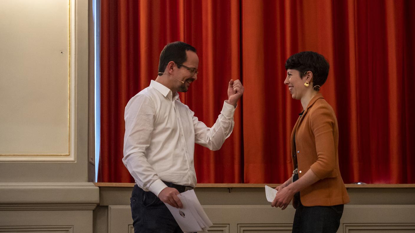 Il presidente uscente Balthasar Glättli con la possibile e probabile futura presidente Lisa Mazzone