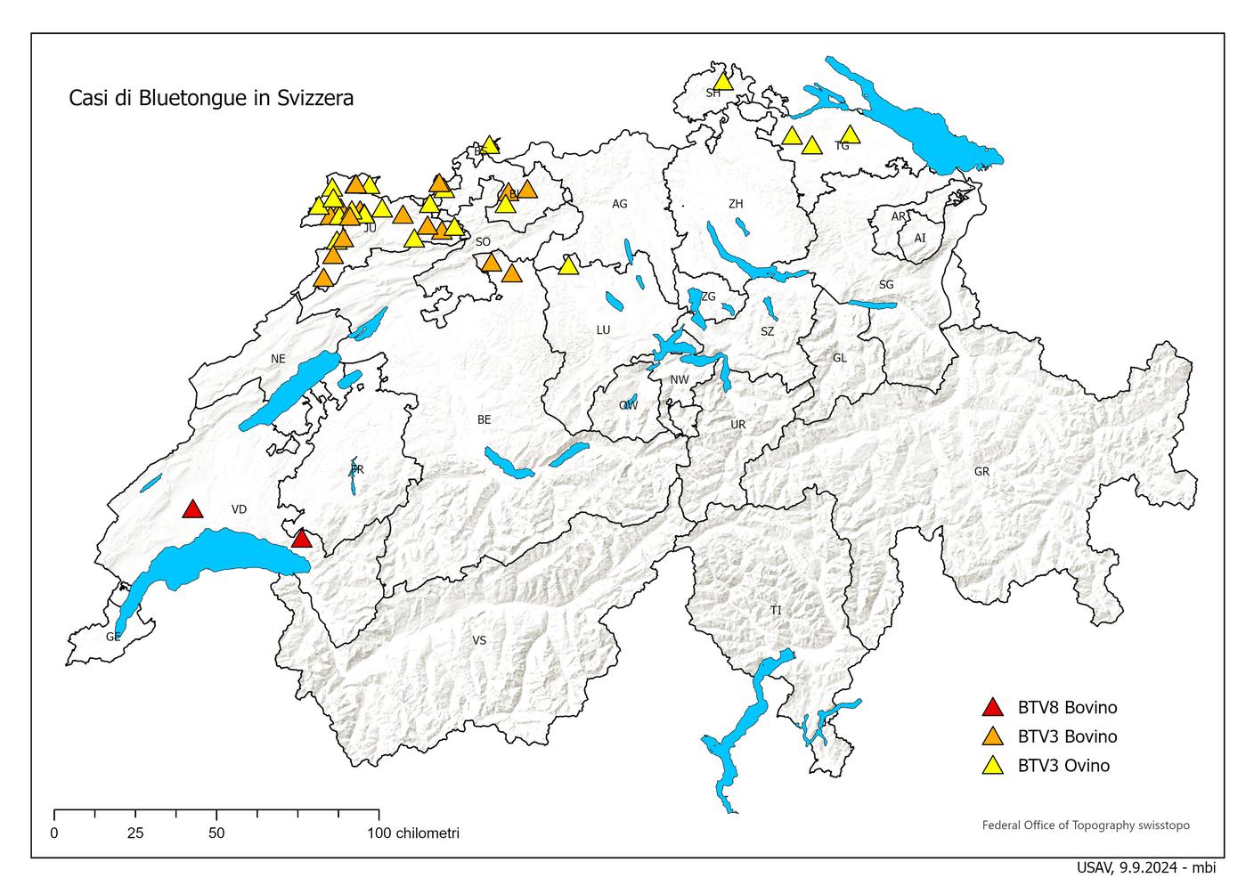La distribuzione della malattia in Svizzera, al 9 settembre 2024