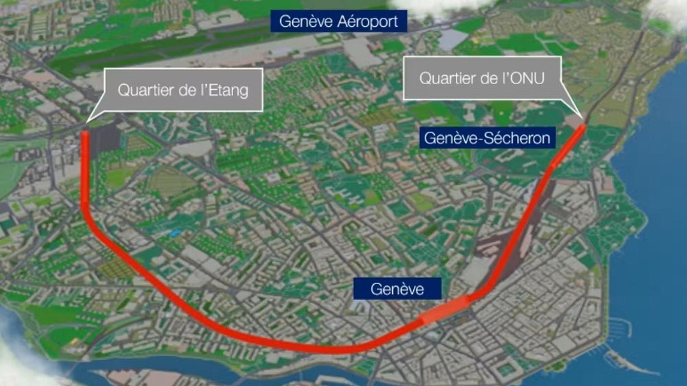 Il tracciato delle due gallerie a doppio binario in direzione di Losanna e verso l'aeroporto. Il collegamento con la rete in superficie è previsto nel Quartiere dell'ONU e a Vernier