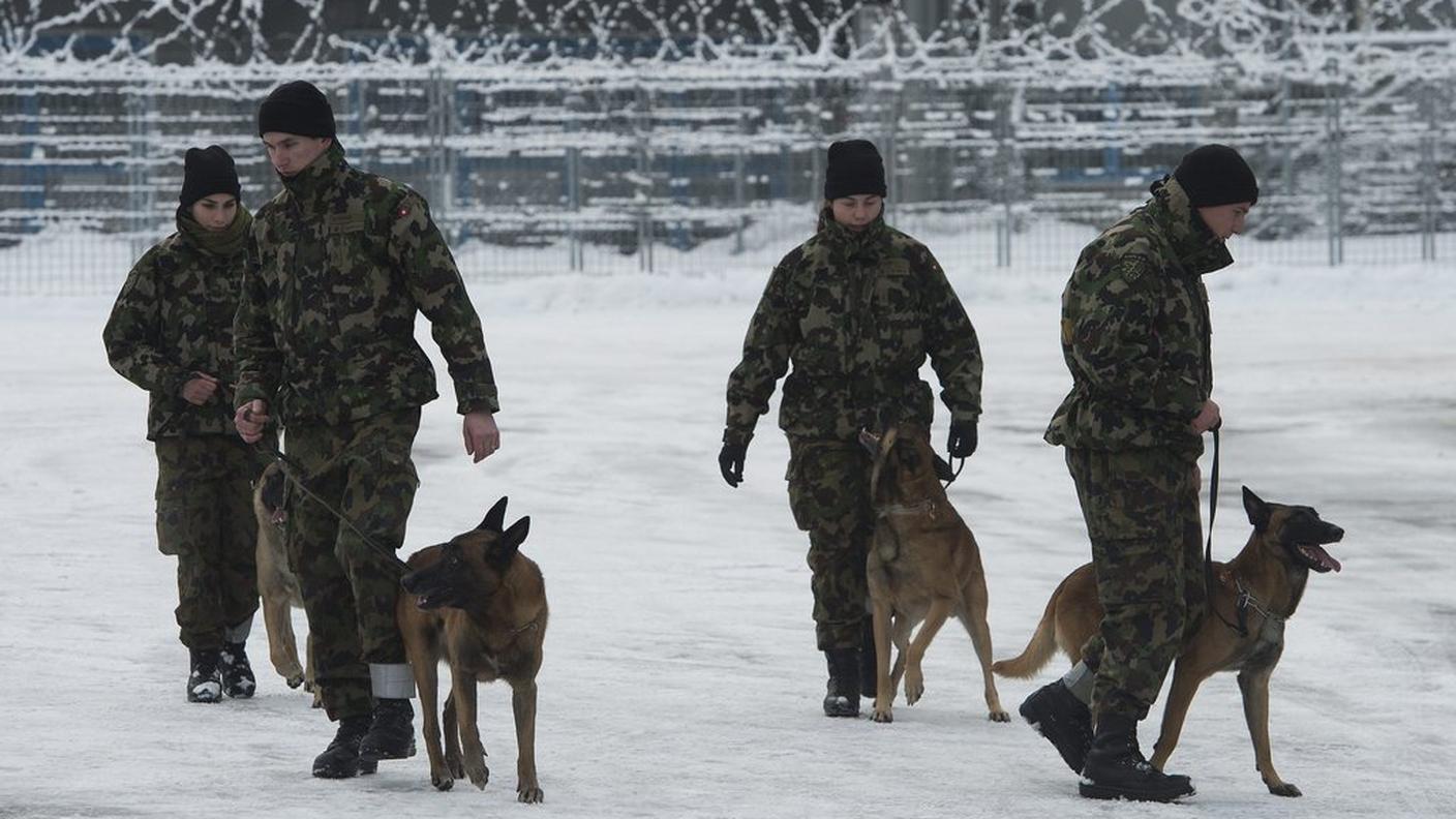WEF Swiss army soldiers patrol with a dog, during a media visiting day from the Swiss army deployment Alpa Eco Tredici, ky.JPG