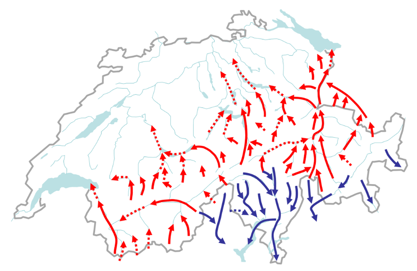 Le vallate svizzere percorse dal favonio: in blu il föhn da nord, in rosso quello da sud
