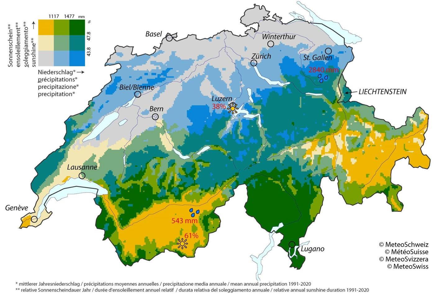 Nove regioni climatiche della Svizzera e del Liechtenstein in base alla durata relativa del soleggiamento annuale e alle precipitazioni medie annuali nel periodo 1991-2020. Il significato dei colori è indicato in alto a sinistra. Le regioni con poco sole e poche precipitazioni sono indicate in grigio chiaro. Le regioni con molto sole e poche precipitazioni sono in giallo scuro. Se ci sono molte precipitazioni e poco sole, la regione è di colore azzurro. Le regioni soleggiate con molte precipitazioni sono di colore verde scuro.