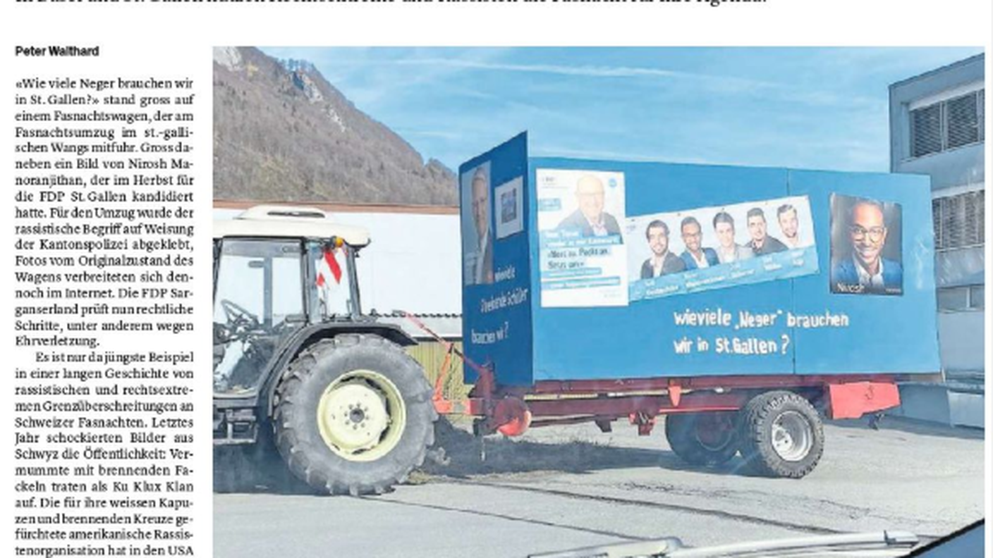Il servizio della Aargauer Zeitung sul carro razzista sfilato al carnevale di San Gallo 
