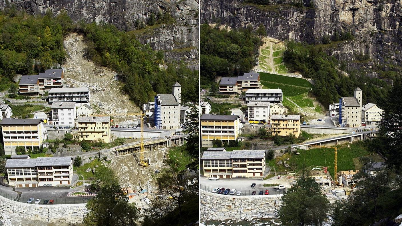 L'evoluzione dei lavori di ricostruzione a Gondo. A sinistra un'immagine datata 27 settembre 2001, a destra una del 25 settembre 2002