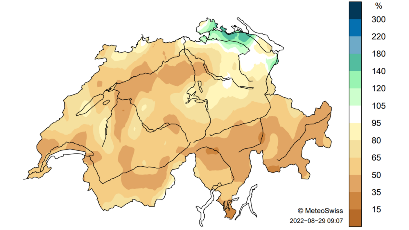 La somma delle precipitazioni in agosto rispetto alla norma dell'ultimo decennio
