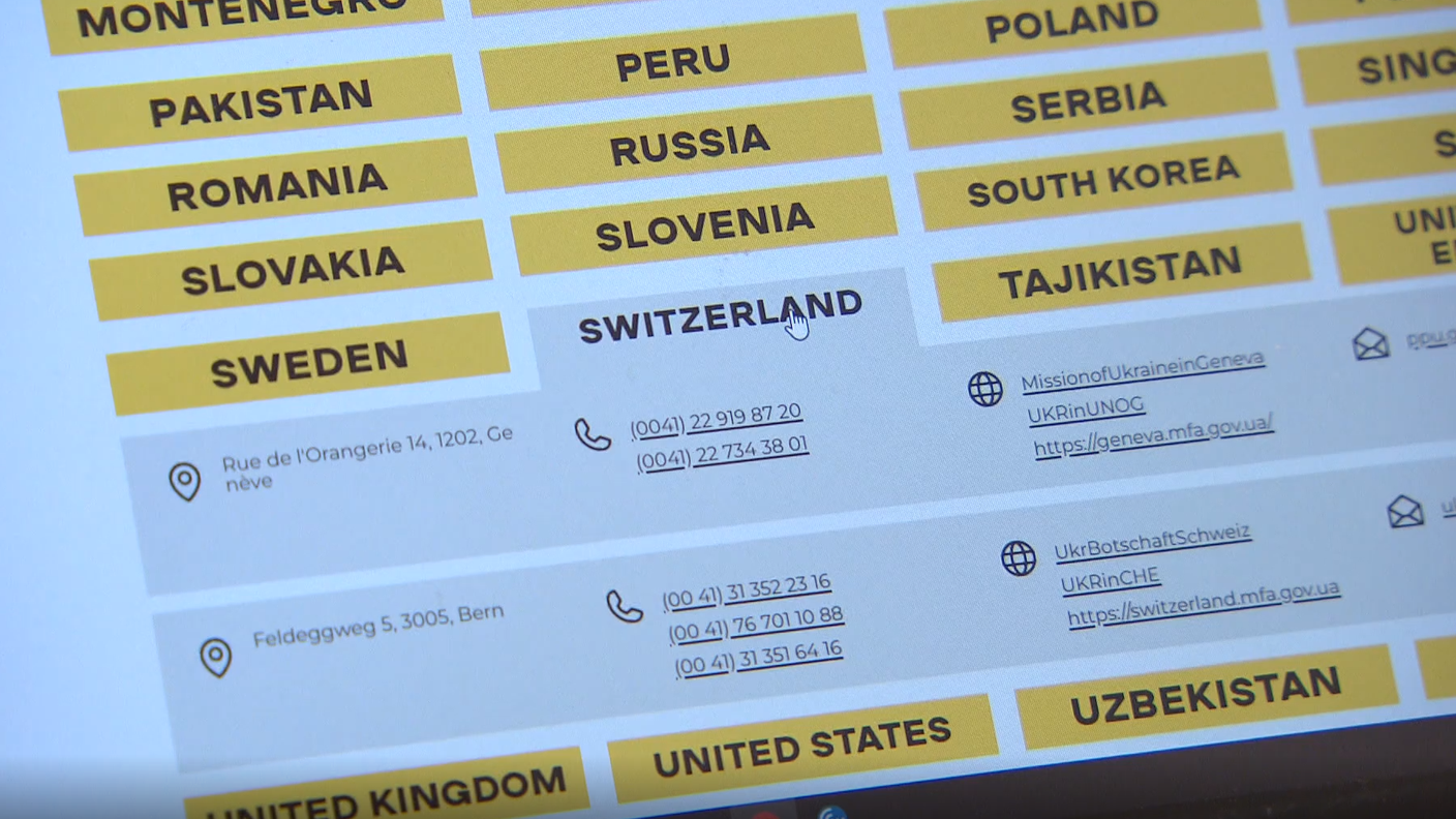 Fra i punti di contatto menzionati nel sito, anche le rappresentanze diplomatiche dell'Ucraina in Svizzera