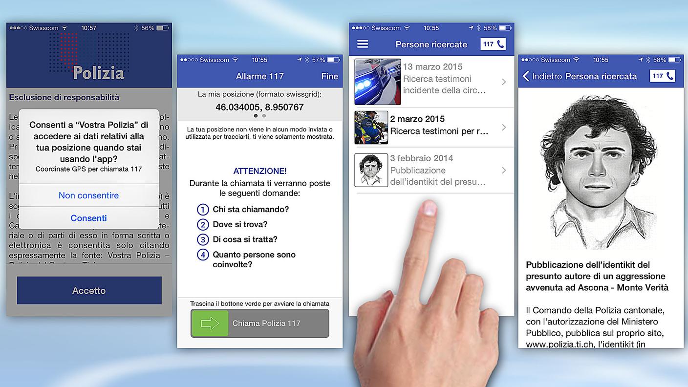 Alcune schermate della nuova app della polizia cantonale