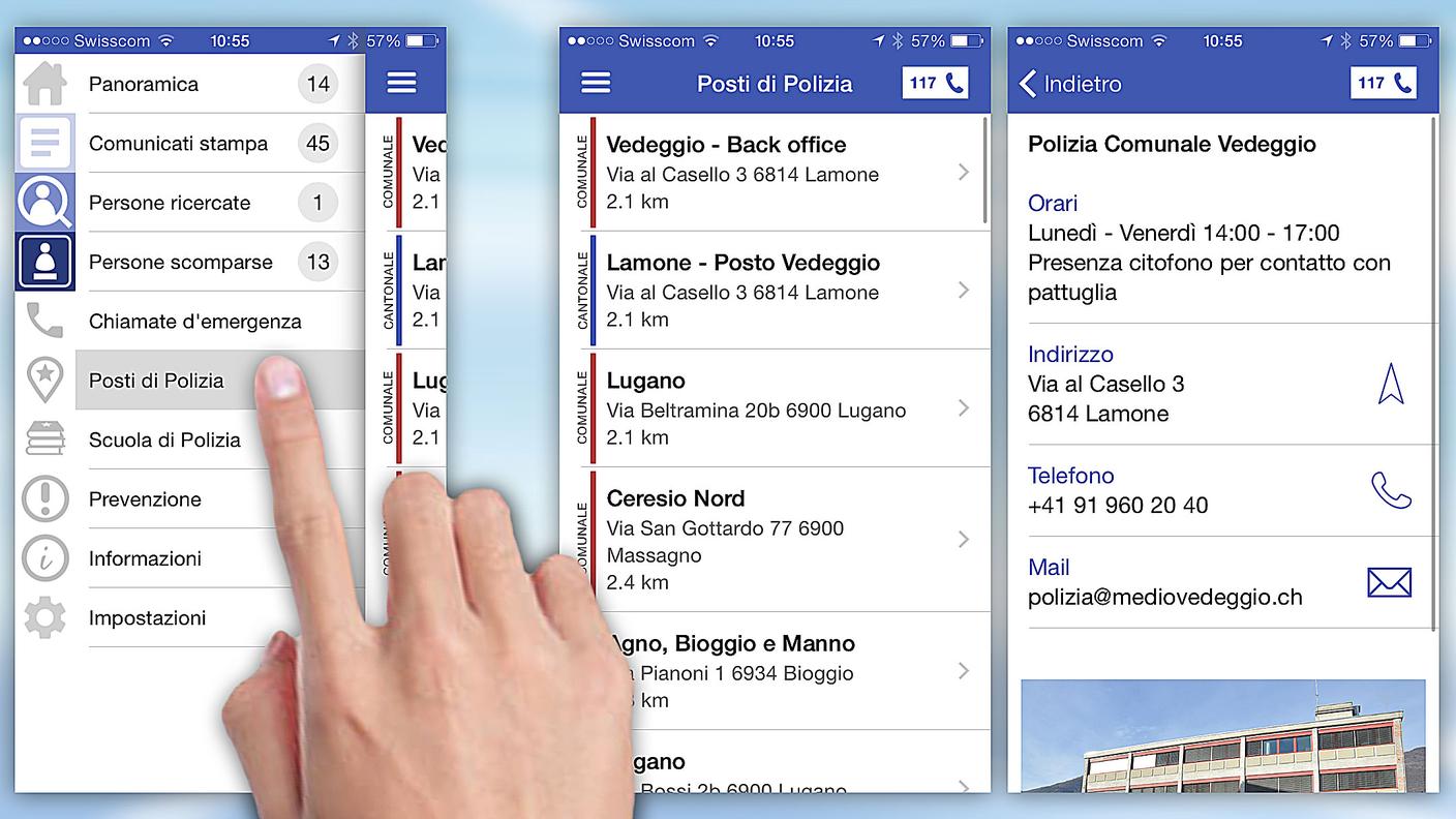Alcune schermate della nuova app della polizia cantonale