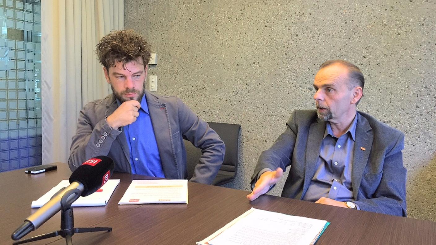 A sinistra Dario Cadenazzi (UNIA) e, a destra, Paolo Locatelli (OCST)