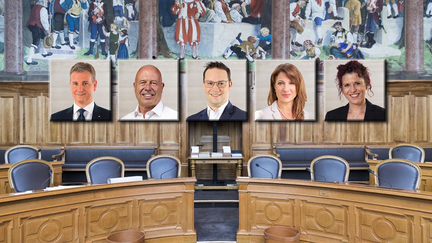 I candidati ticinesi al secondo turno per il Consiglio degli Stati (da sinistra): Marco Chiesa, Fabio Regazzi, Alex Farinelli, Greta Gysin e Amalia Mirante