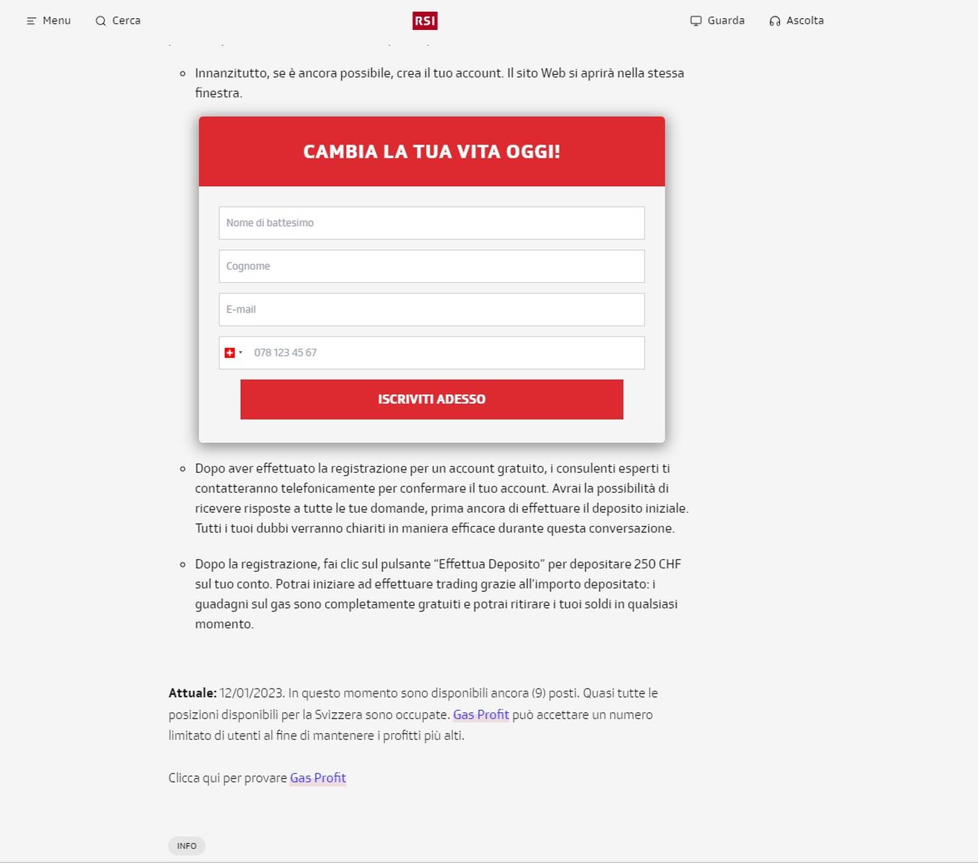 Il modulo alla fine degli articoli fasulli: una volta completato si riceve una mail da parte di equiity.com