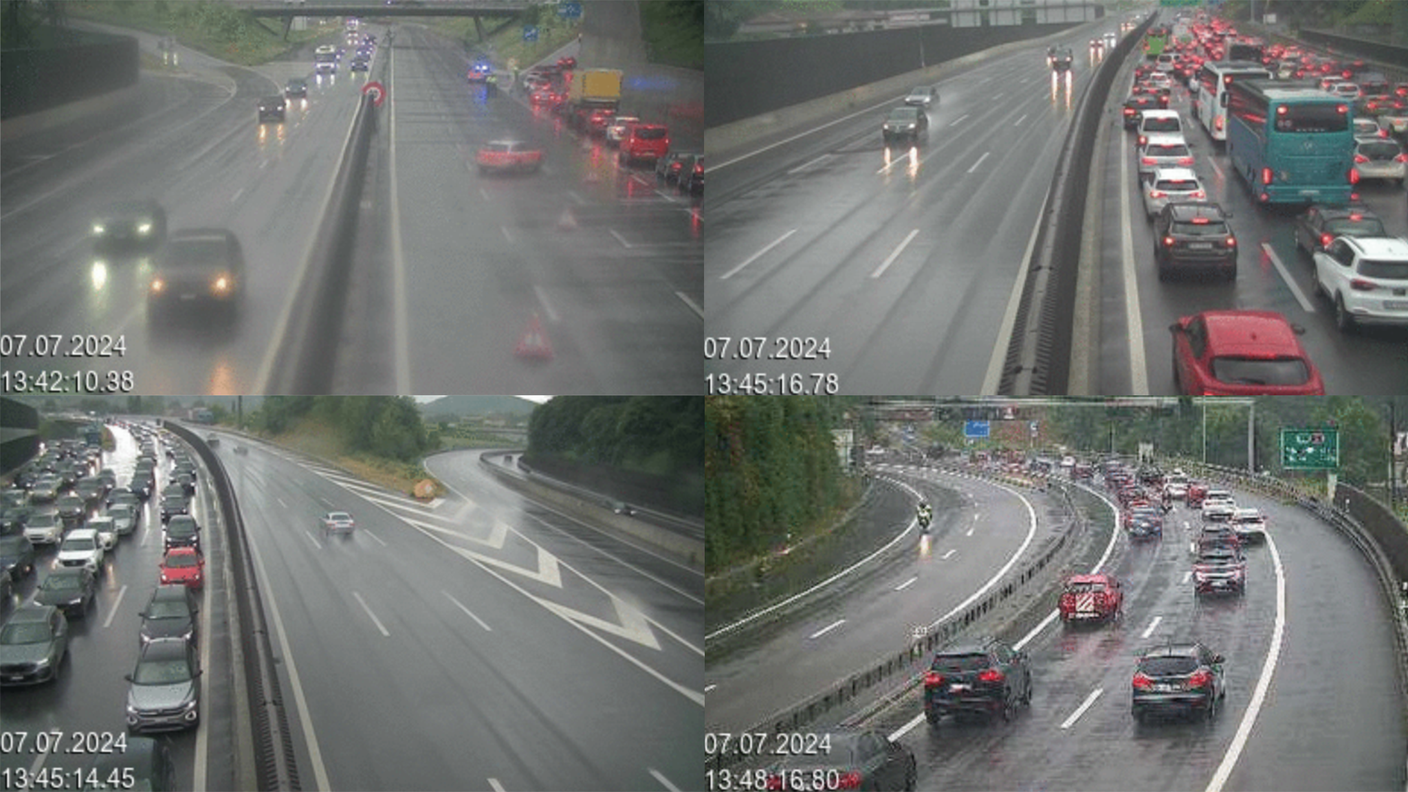 La situazione viaria all'altezza di Mendrisio. A sinistra in alto si vede l'uscita autostradale di Mendrisio in direzione nord; a destra in alto l'autostrada A2 a Mendrisio in direzione nord; in basso a sinistra il tratto dell'A2 tra Mendrisio e Stabio in direzione sud e in basso a destra uno scatto dell'autostrada all'altezza di Grancia, in direzione sud.