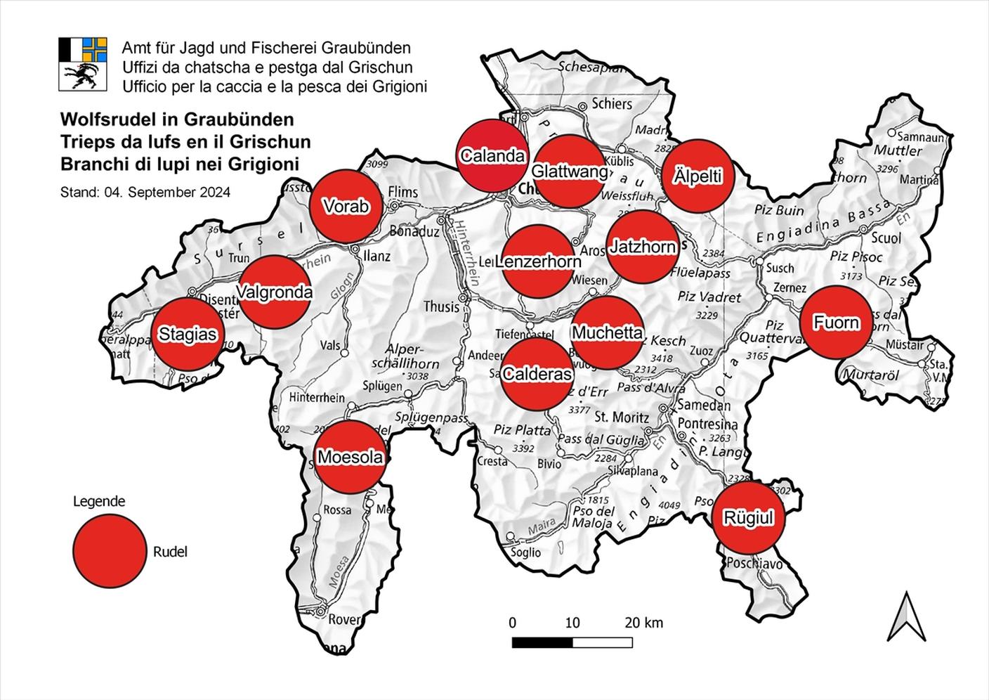 La mappa dei branchi di lupi nei Grigioni