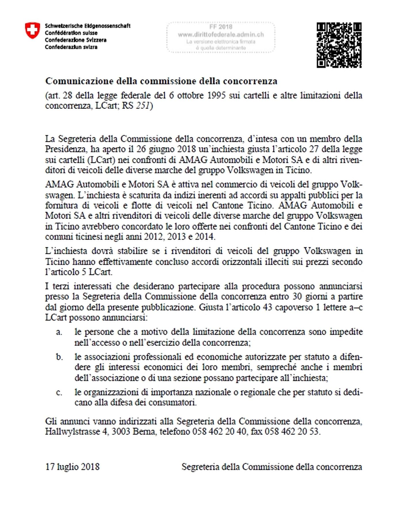 L'annuncio apparso sul Foglio federale