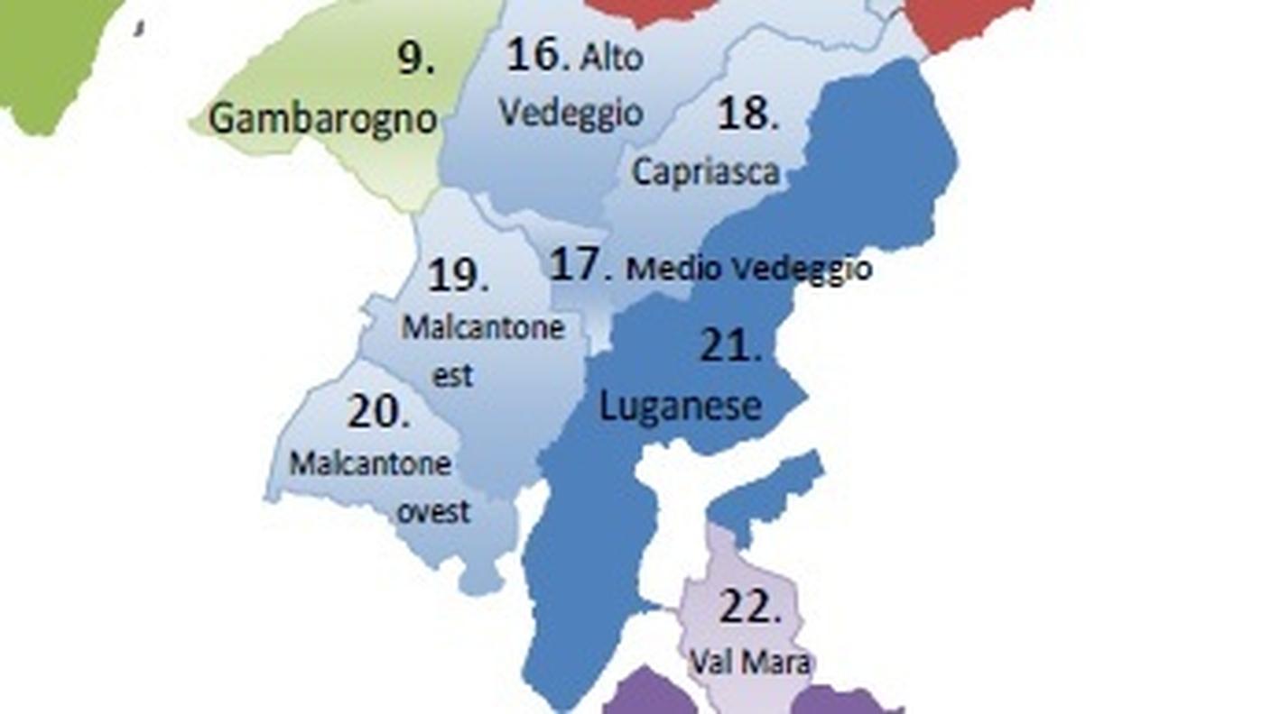 Il Luganese secondo il progetto del Cantone; i Comuni interessati dall'aggregazione non ci stanno